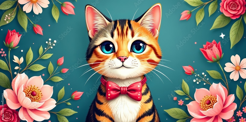 Whimsical hand drawn cat with bow tie and floral background, bow tie, kitty, illustration Whimsical hand drawn cat with bow tie and floral background, bow tie, kitty, illustration