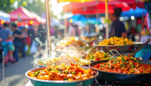 Food Street Market: A vibrant food market bursts with an array of global cuisines, capturing the essence of communal dining and cultural fusion. The stalls overflow with diverse food.
