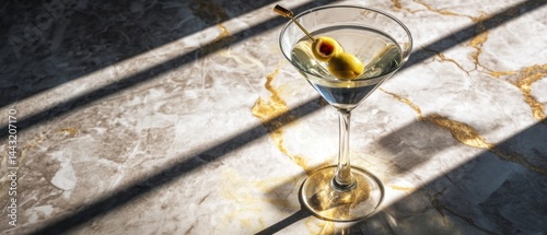 Panel kuchenny z motywem Classic Martini Cocktail with Olives on Marble Table Bathed in Sunlight and Shadow Creating an Inviting and Luxurious Atmosphere for Relaxation and Enjoyment