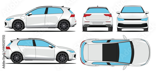 Hatchback Car Golf - Electric car mockup car vector for branding on white background. Side, Front, Rear, Top View
