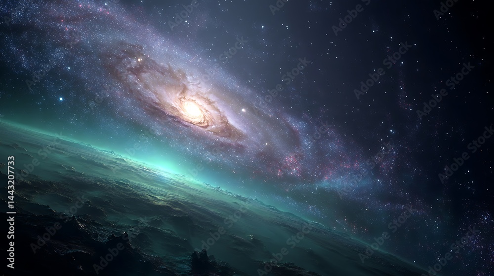 Fototapeta premium Planet's horizon with a spiral galaxy