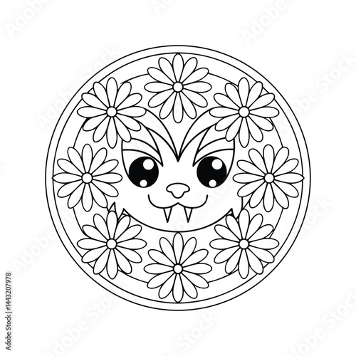 Cute vampire face and flowers mandala for coloring book illustration