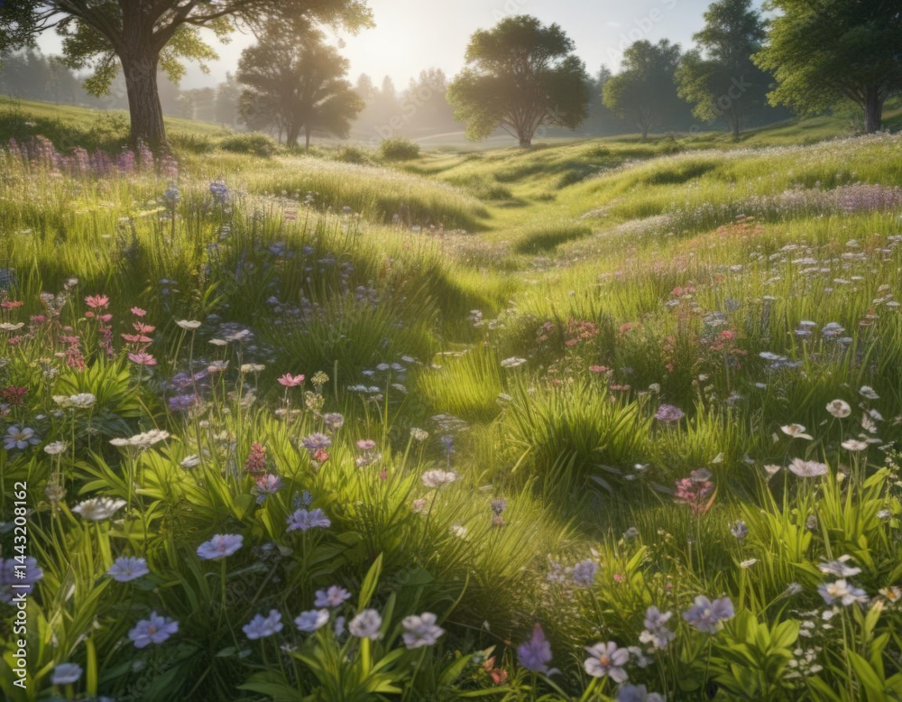 Obraz premium Lush green meadow dotted with blooming wildflowers, sunlight filtering through, floral, flowers