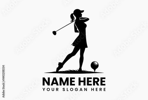 Elegant female golfer logo icon in vector format, silhouette of woman swinging golf club isolated on white background for golf club branding