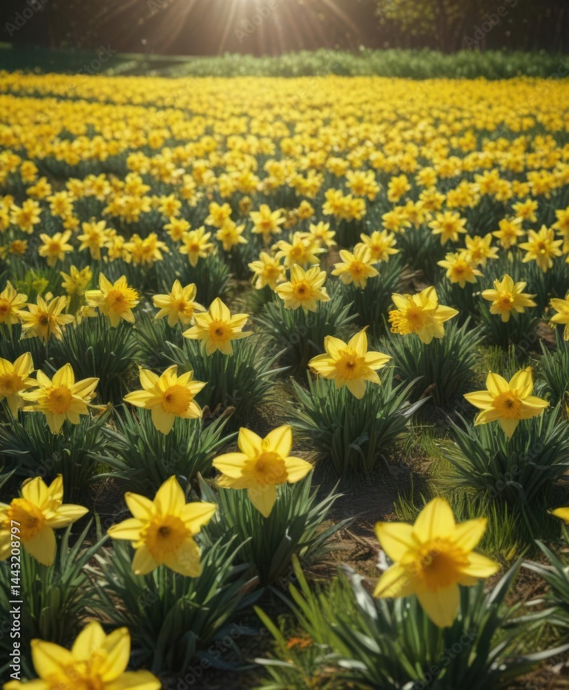 Fototapeta premium Brilliant yellow daffodils carpet a verdant field bathed in sunlight , yellow, beautiful