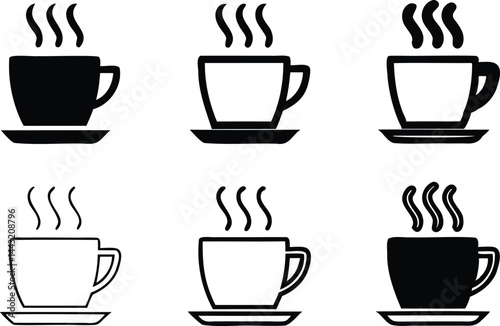 Set of steaming coffee cup and saucer icons in black and white silhouettes, ideal for cafe branding, menu graphics, morning beverage concepts, or coffee-themed designs
