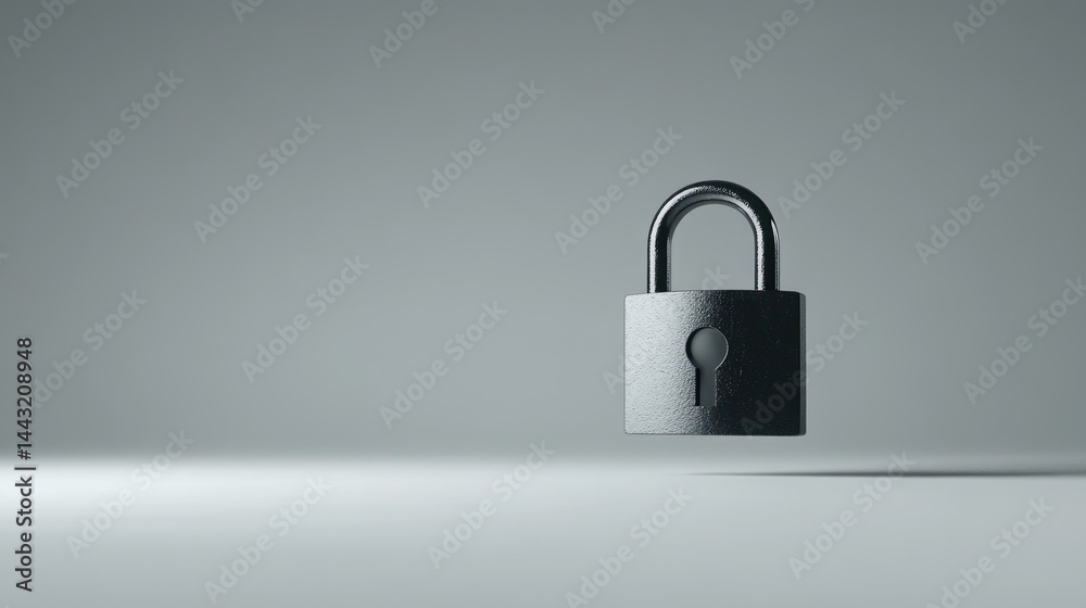 Fototapeta premium A dark gray metallic padlock hovers over a light gray surface against a muted gray background.