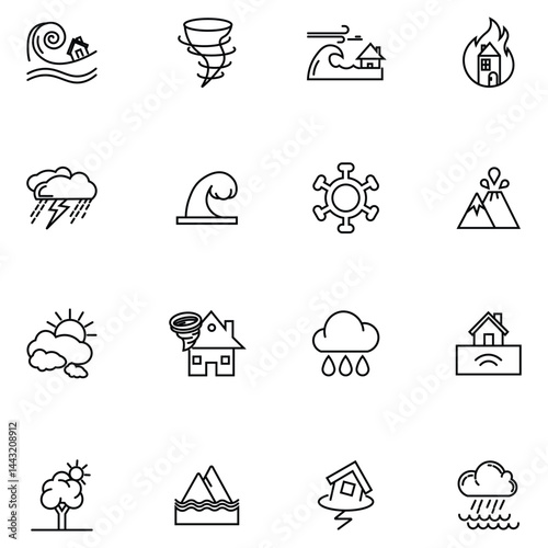 Natural disasters thin line icons collection. Line art style icons bundle. Natural disasters, pollution, related to evacuation, apocalypse. Vector illustration.