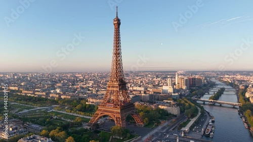 Aerial view of Experience the breathtaking beauty of a stunning Paris sunrise with the iconic Eiffel Tower. France