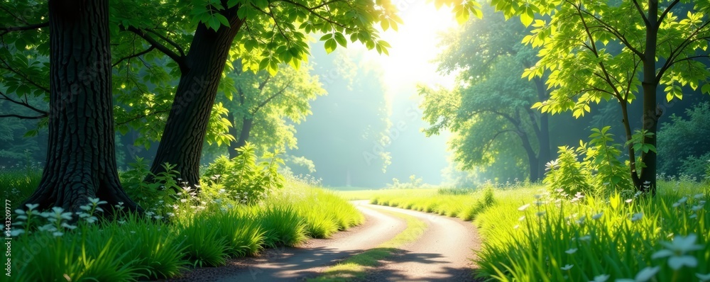 Fototapeta premium White paper revealing scenic pathway surrounded by lush foliage, foliage, pathway, nature