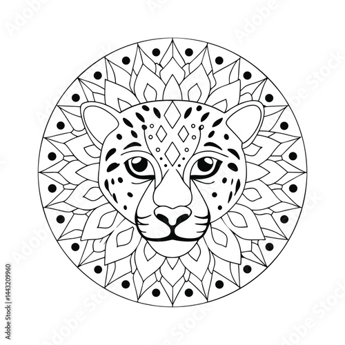 Leopard head mandala black and white illustration animalistic round pattern design