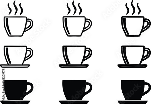 Set of coffee cup icons in outline and solid styles, depicting hot beverages with steam and saucers, ideal for cafe, breakfast, and drink-related designs