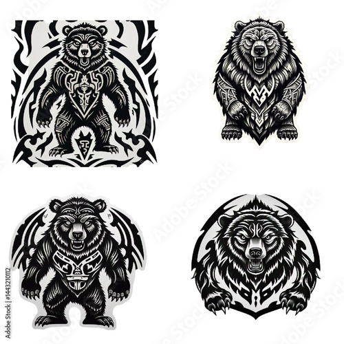Black tribal bear illustration, standing on hind legs 