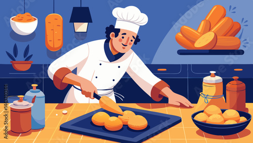 A chef is cutting food on a counter. The chef is smiling and he is enjoying his work. The kitchen is well-stocked with various ingredients and utensils, including a knife, a bowl, and a bottle