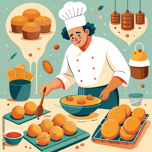 A chef is cutting food on a counter. The chef is smiling and he is enjoying his work. The kitchen is well-stocked with various ingredients and utensils, including a knife, a bowl, and a bottle