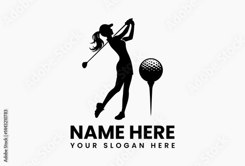 Modern woman golf training logo design template, vector illustration of female golfer in action pose isolated on white background for sports branding