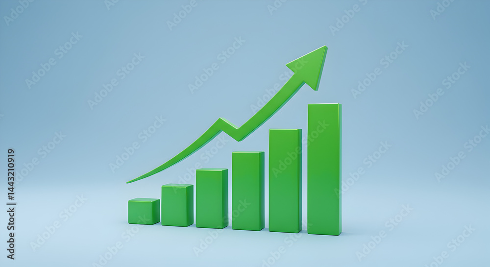 Green Rising Bar Chart with Pixelated Arrow on Light Blue Background Shows Positive Business Growth Green Rising Bar Chart with Pixelated Arrow on Light Blue Background Shows Positive Business Growth