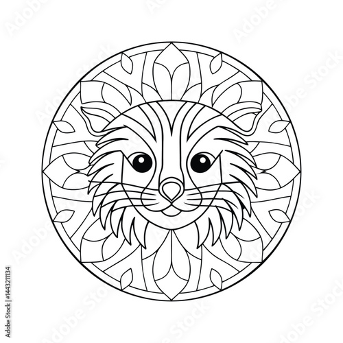 Cat mandala design black and white coloring page for adults