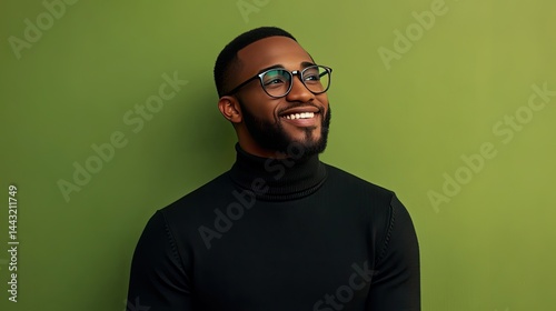 A cheerful man wearing a black turtleneck and glasses smiles while standing against a solid green background.
