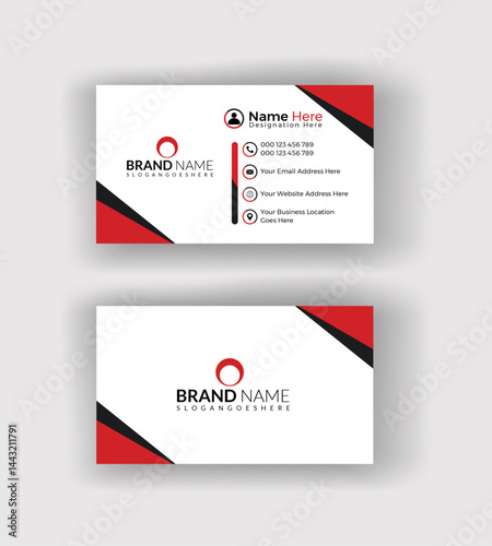 Corporate business card template with clean modern layout, professional branding design for company identity, contact information, print-ready format, front and back view mockup