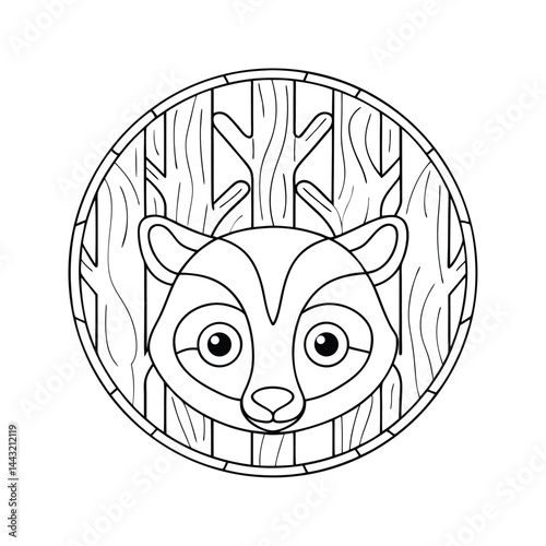 Cute raccoon head outlined with trees in background round badge vector illustration