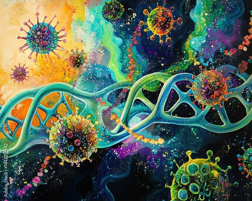 colorful microbiology artwork Colorful abstract representation of viruses and DNA.