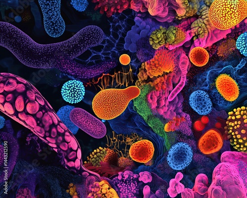 colorful microbiology artwork Colorful microscopic life forms in a vivid display.