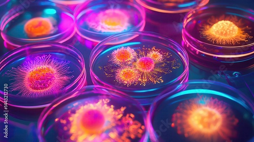 colorful microbiology artwork Colorful petri dishes with unique microbial growth.