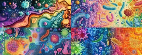 colorful microbiology artwork Abstract representation of microorganisms and cells.
