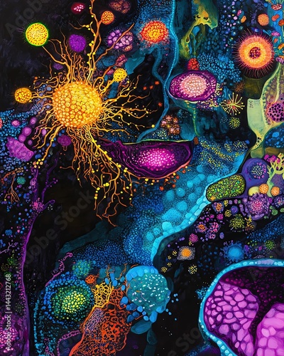 colorful microbiology artwork Abstract representation of vibrant microorganisms.