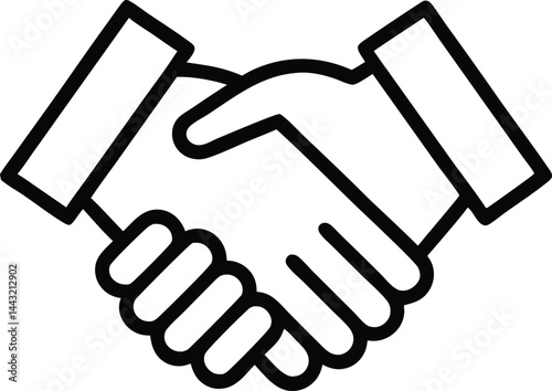 Outlined handshake icon in black line art style, symbolizing agreement, business partnership, trust, and teamwork on white or transparent background