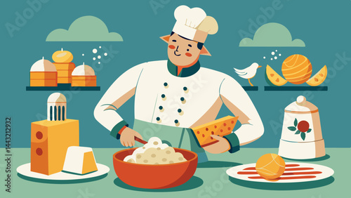 A chef is preparing food on a table with various ingredients, including cheese, oranges, and cakes. The scene is lively and colorful, with the chef wearing a white coat and a chef hat
