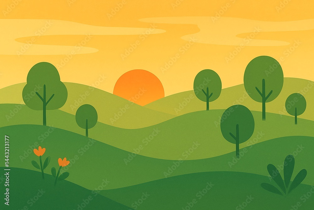 Fototapeta premium Minimalist Nature Landscape Illustration with Sunrise and Green Hills