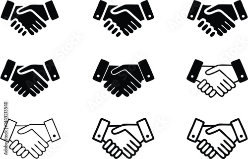Set of black and white handshake icons in minimalistic vector style representing agreement, partnership, business deal, cooperation, and teamwork