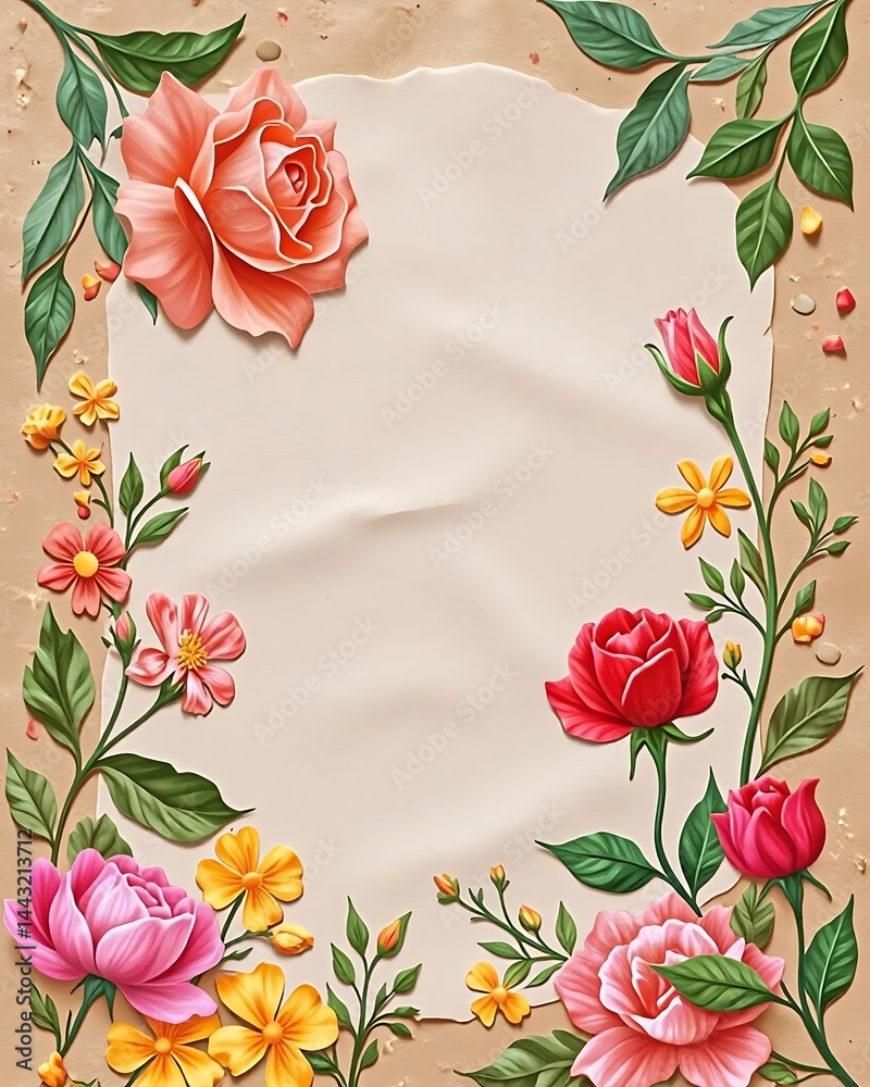 Obraz premium Floral Frame: Roses, Flowers, and Leaves Design