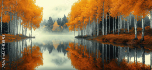 Stunning autumn landscape with vibrant orange trees reflecting in calm lake.