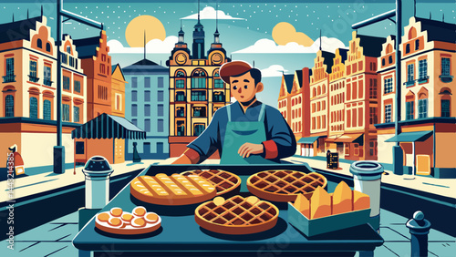 A man is selling waffles in front of a building. The man is wearing an apron and has a cup in his hand. The waffles are displayed on a table