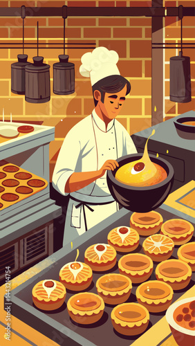 A man is cutting a pastry in front of a bowl of dough. The man is wearing an apron and a chef's hat. There are other people in the background, and there are several bowls of dough