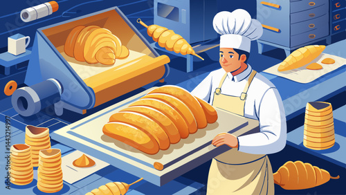 A man in a chef's hat is holding a tray of bread. The bread is golden brown and looks delicious. The kitchen is filled with various types of bread, including croissants and baguettes