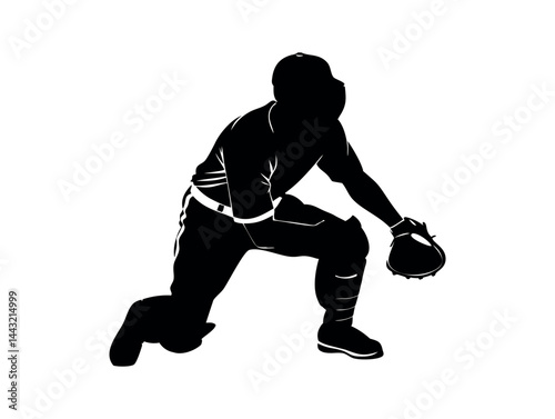 Silhouette of a Baseball Catcher in Action, vector black and white silhouette of a baseball catcher, mid-catch. sports illustration, monochrome, silhouette, black and white, sport, equipment, protecti