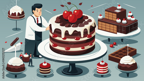 A man is decorating a cake with cherries on top. There are many different types of cakes on display, including a chocolate cake
