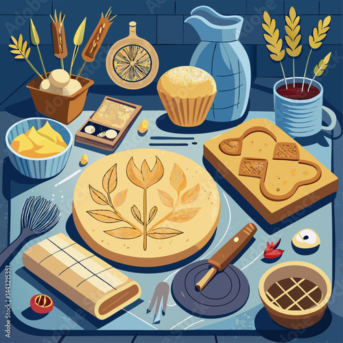 A table with a variety of baked goods, including pies, cakes, and bread. The table is set up in a kitchen-like setting, with a radio in the background. Scene is warm and inviting