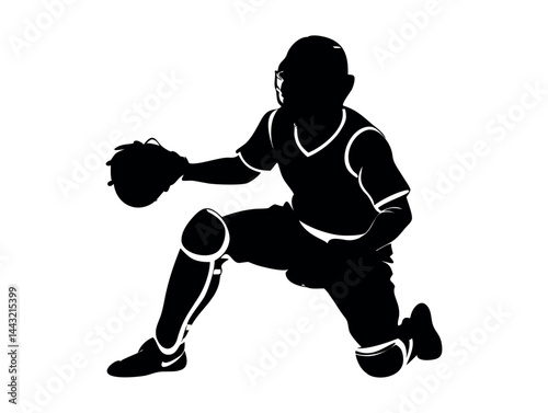 Silhouette of a Baseball Catcher in Action, vector black and white silhouette of a baseball catcher, mid-catch. sports illustration, monochrome, silhouette, black and white, sport, equipment, protecti