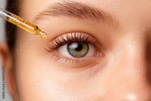 Self care routine wellness healthy skin. A close-up of a person applying facial oil near the eye with a dropper, highlighting skincare and beauty care.