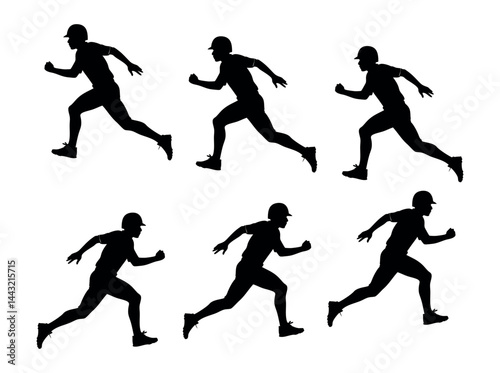 Baseball Players vector black and white Running Silhouette Design, Six silhouette figures of baseball players in various running positions.  player, running, action, silhouette, sport, athletic, dynam