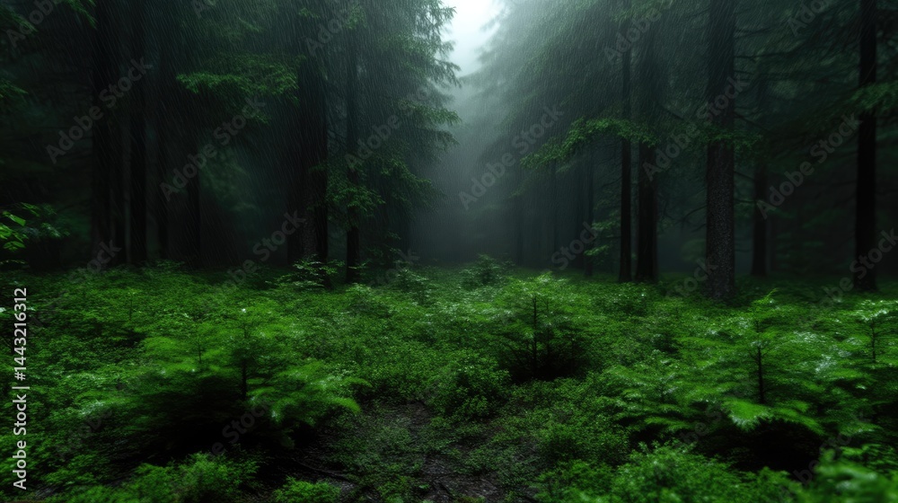Fototapeta premium Lush green ferns cover the forest floor beneath tall pine trees shrouded in thick white fog.