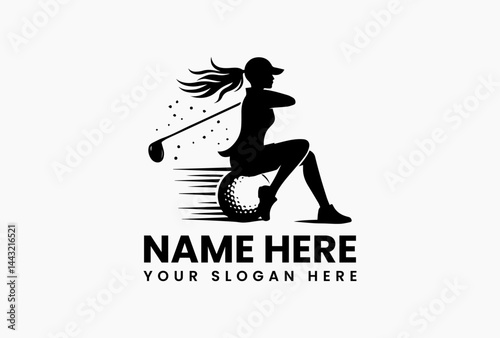 Minimalist female golfer silhouette logo vector, woman holding golf club isolated on white background for elegant sports branding