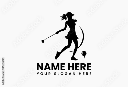 Athletic woman golfer mid-swing silhouette, bold vector logo for golf training academies and clubs  