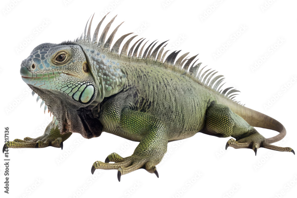 Obraz premium common green American iguana - Iguana iguana - is a large, arboreal, mostly herbivorous species of lizard Isolated on white background. PNG
