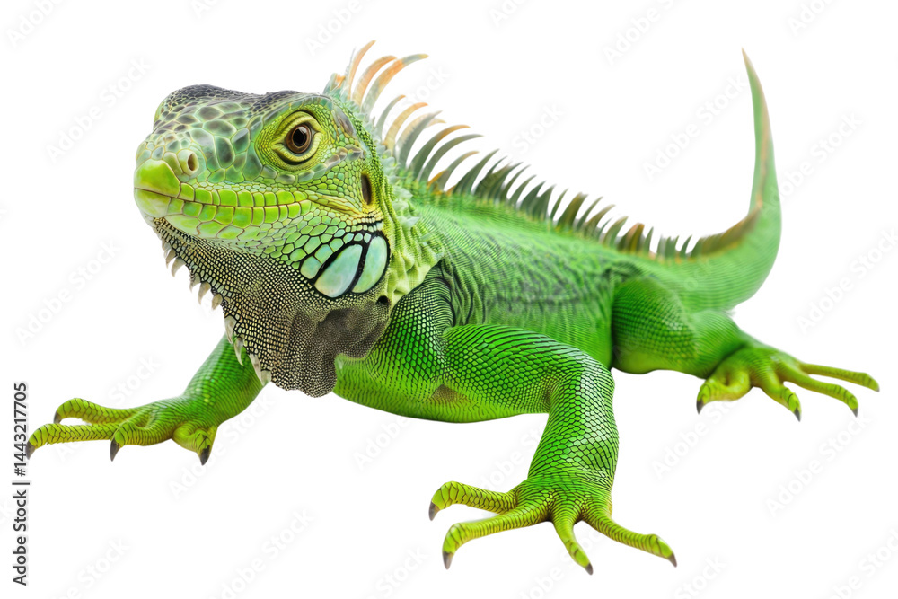 Obraz premium common green American iguana - Iguana iguana - is a large, arboreal, mostly herbivorous species of lizard Isolated on white background. PNG